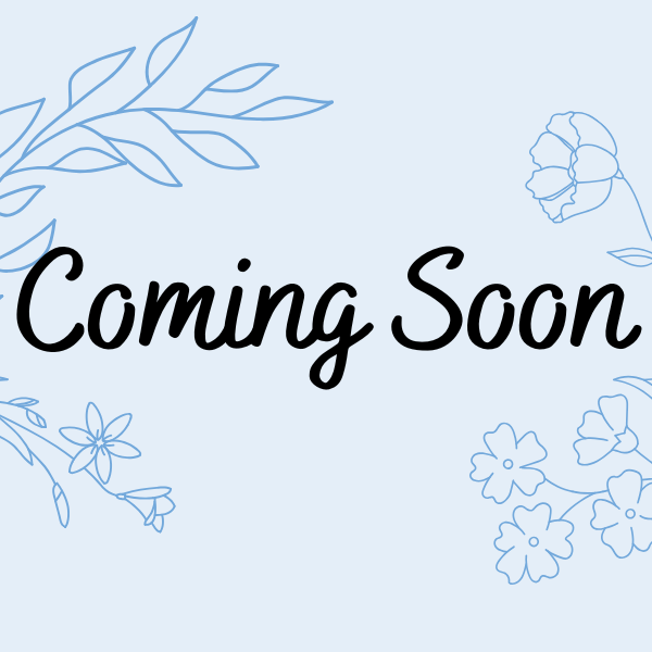 Cooming soon written on a blue background with blue flower and leaf outlines