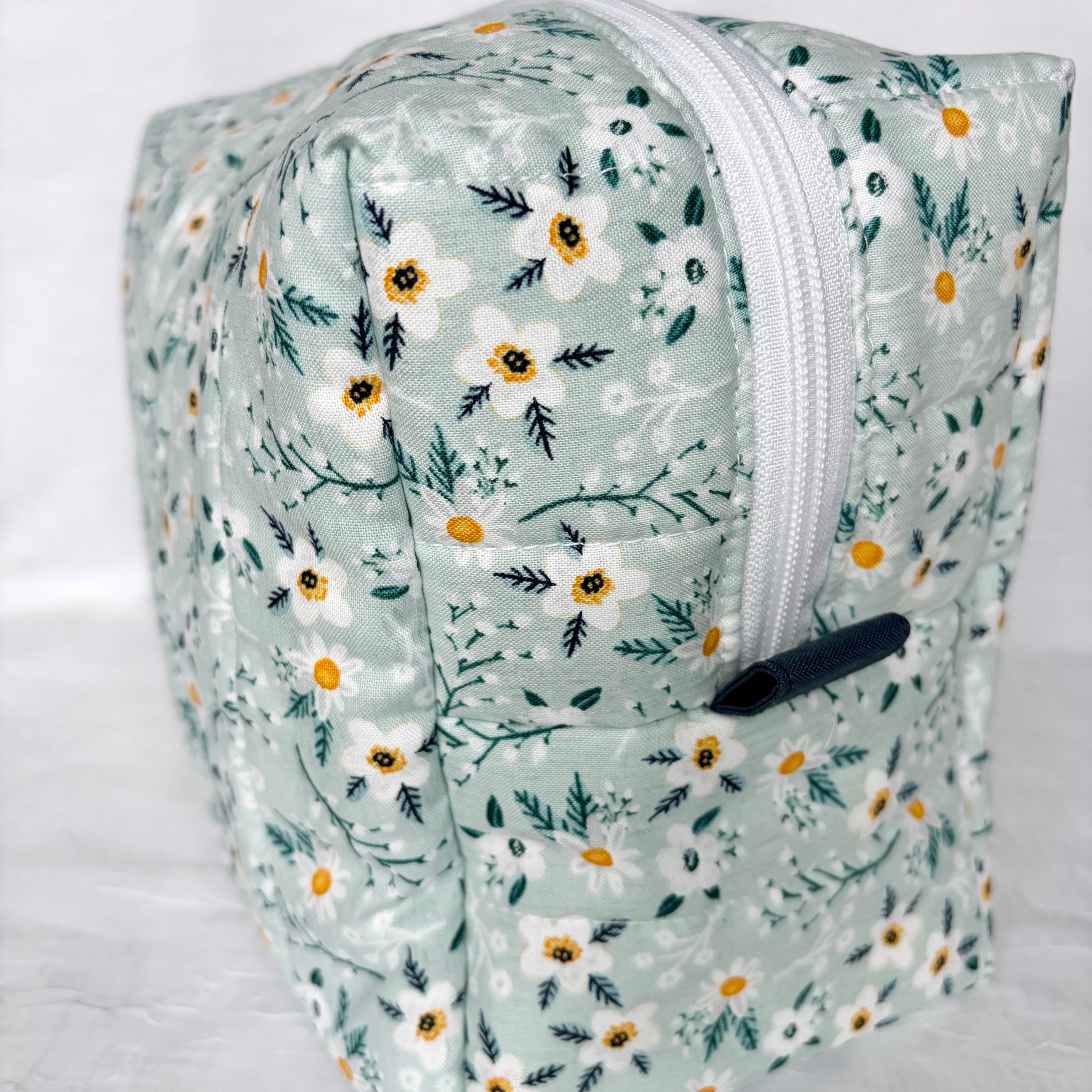side view of navy pull tab and white zipper on blue with white flowers and teal leaf patterned boxy bag on white background