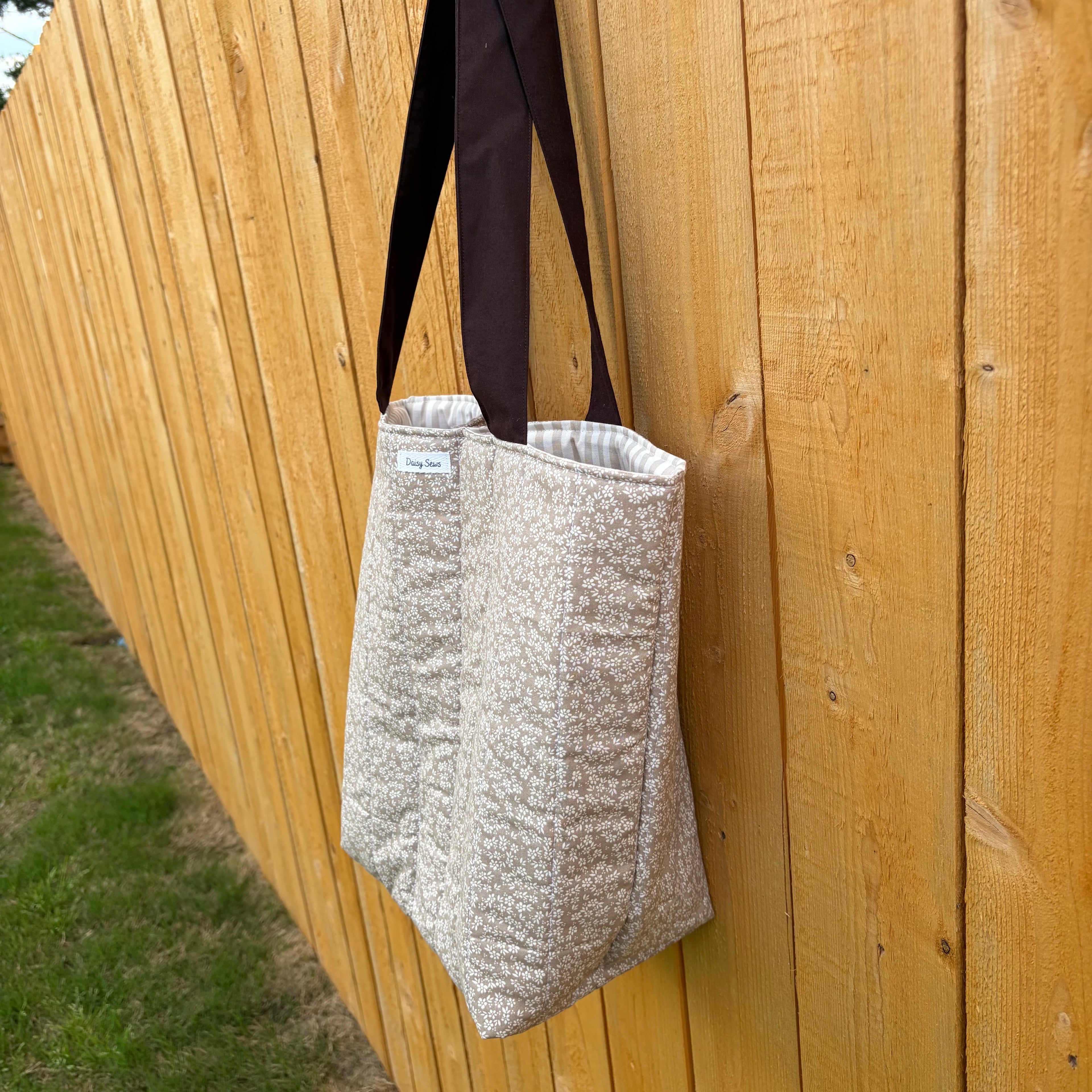 Brown Floral Quilted Tote Bag with Pocket